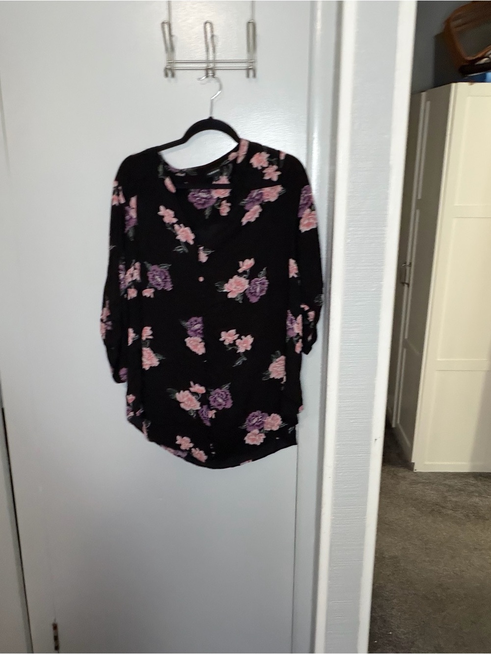 torrid Black Floral Blouse with Pink & Purple Roses